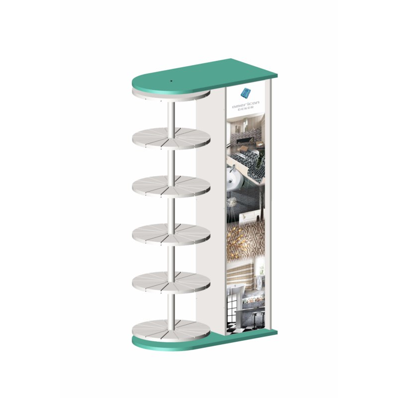 Expositor giratorio lacado en verde y blanco con 4 bandejas para piezas